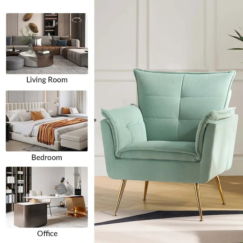 Modern Velvet Tufted Accent Armchair with Gold Metal Legs Set of 2