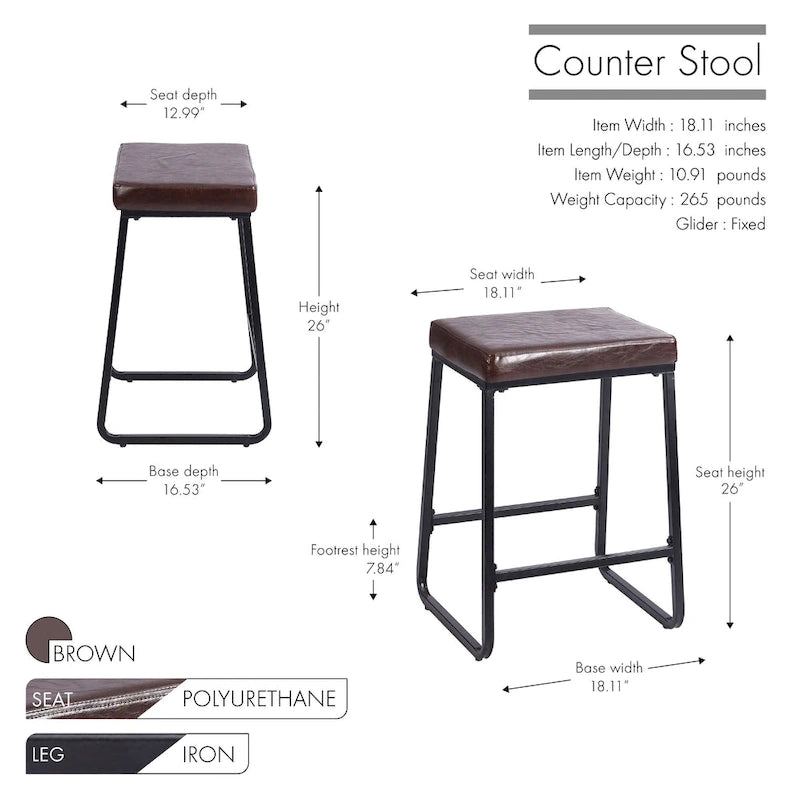 Selma Counter Stools Set of 2, PU Leather, Iron Legs