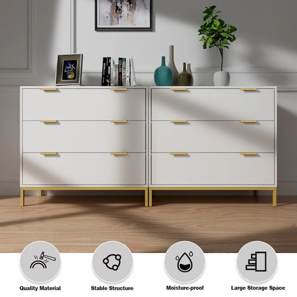 Mid-Century Modern 3-Drawer White Dresser for Bedroom Wood Chest of Drawers