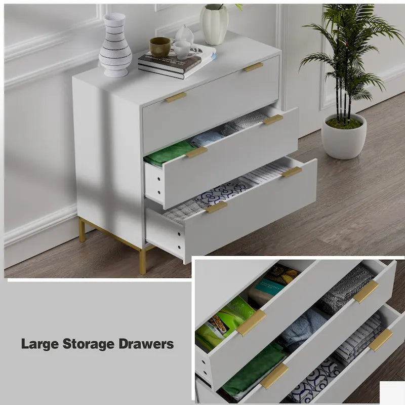 Mid-Century Modern 3-Drawer White Dresser for Bedroom Wood Chest of Drawers