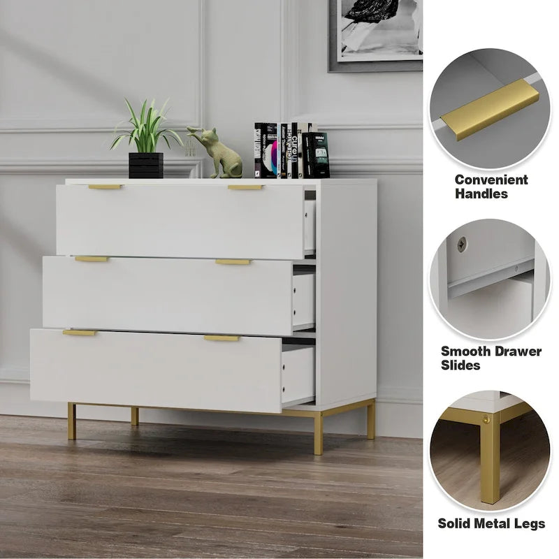 Mid-Century Modern 3-Drawer White Dresser for Bedroom Wood Chest of Drawers
