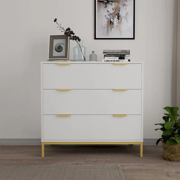 Mid-Century Modern 3-Drawer White Dresser for Bedroom Wood Chest of Drawers