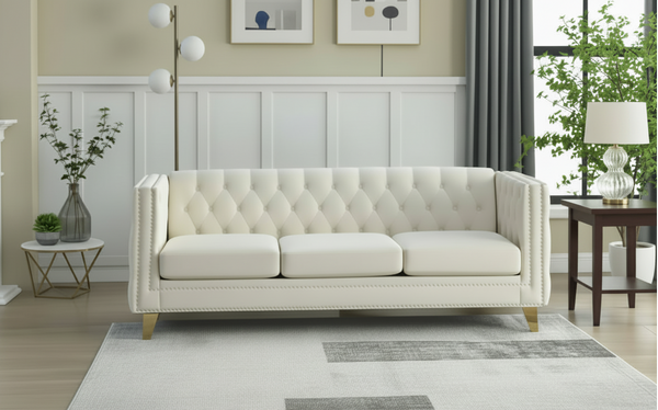 Modern Velvet Sofa Couch Upholstered Button and Metal Legs