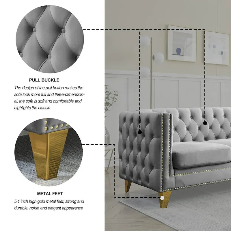 Modern Velvet Sofa Couch Upholstered Button and Metal Legs