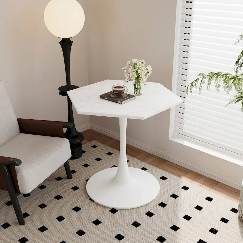 31.50 Modern Hexagonal Coffee Table with Printed Marble Top and Metal Base for Dining Room, Kitchen and Living Room