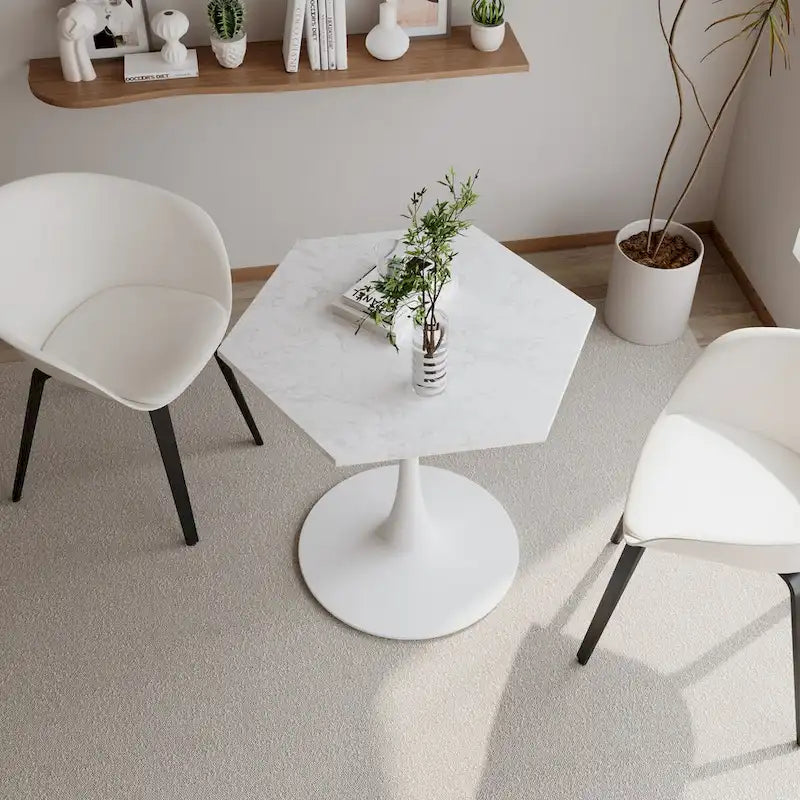 31.50 Modern Hexagonal Coffee Table with Printed Marble Top and Metal Base for Dining Room, Kitchen and Living Room