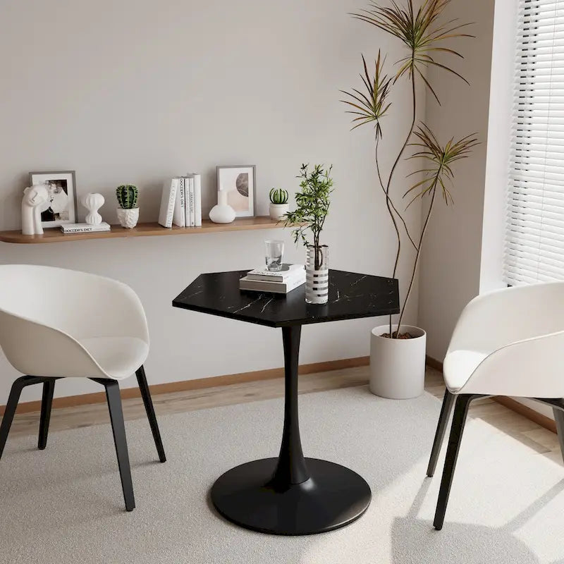 31.50 Modern Hexagonal Coffee Table with Printed Marble Top and Metal Base for Dining Room, Kitchen and Living Room