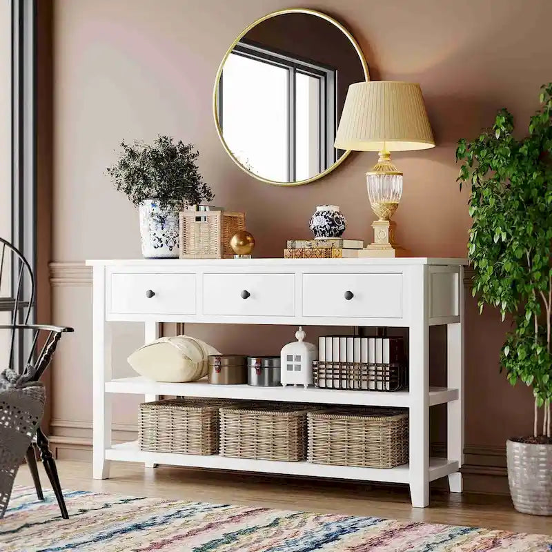 50L Retro Design Console Table with Two Open Shelves, Pine Solid Wood Frame and Legs