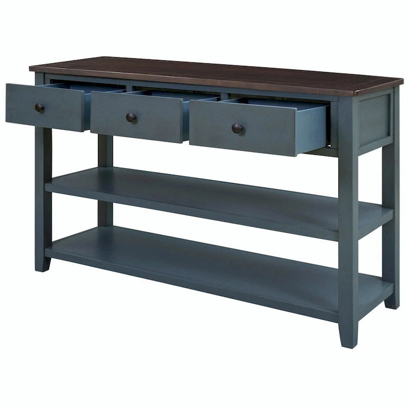 50L Retro Design Console Table with Two Open Shelves, Pine Solid Wood Frame and Legs