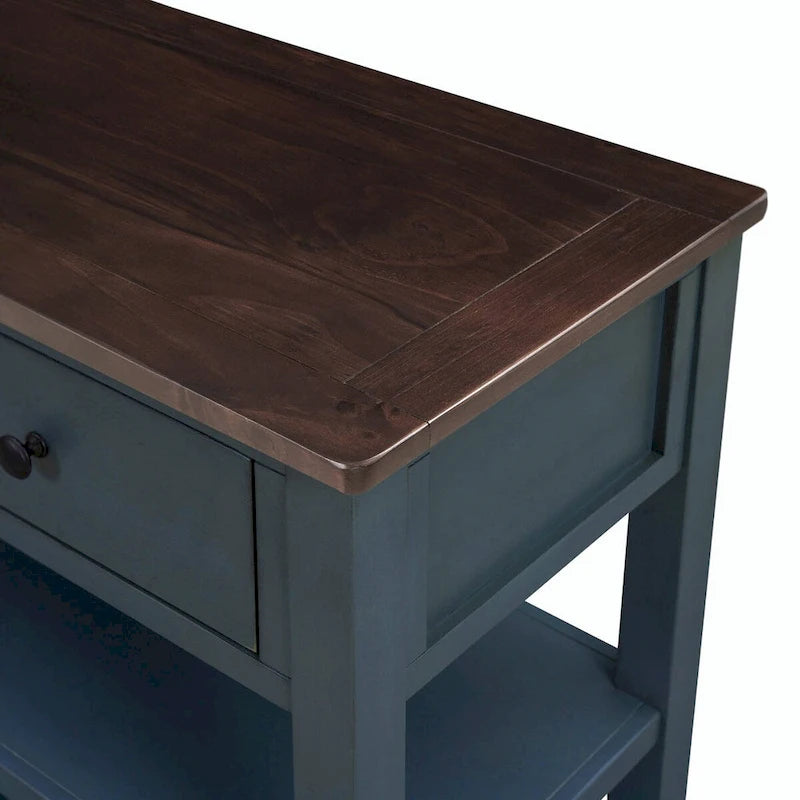 50L Retro Design Console Table with Two Open Shelves, Pine Solid Wood Frame and Legs